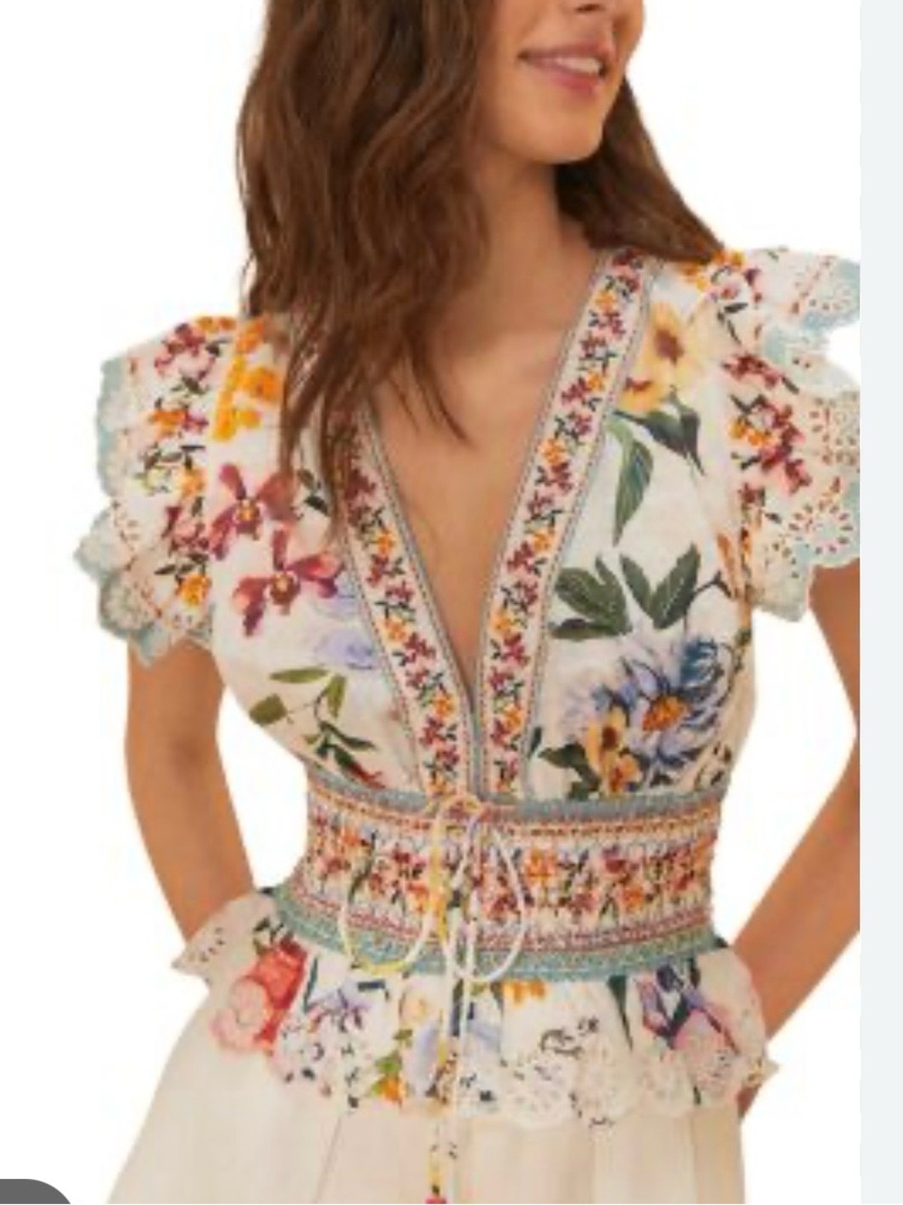 FARM Rio Multi Floral V-Neck Smocked Peplum Blouse - Picture 6 of 10